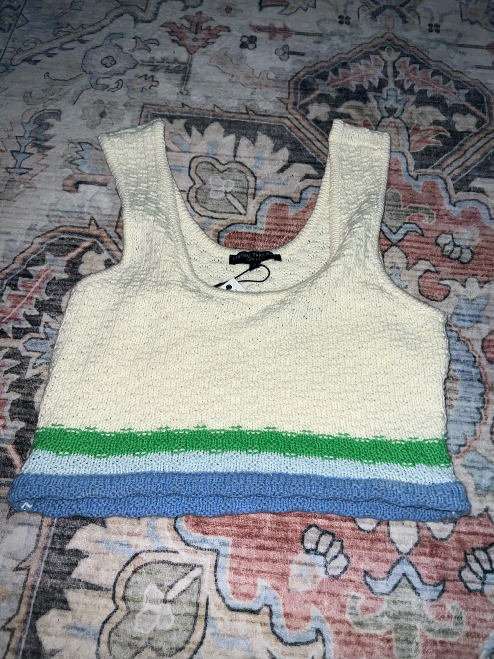 Central Park West Cream Knit Crop Tank with Green and Blue Hem Stripes